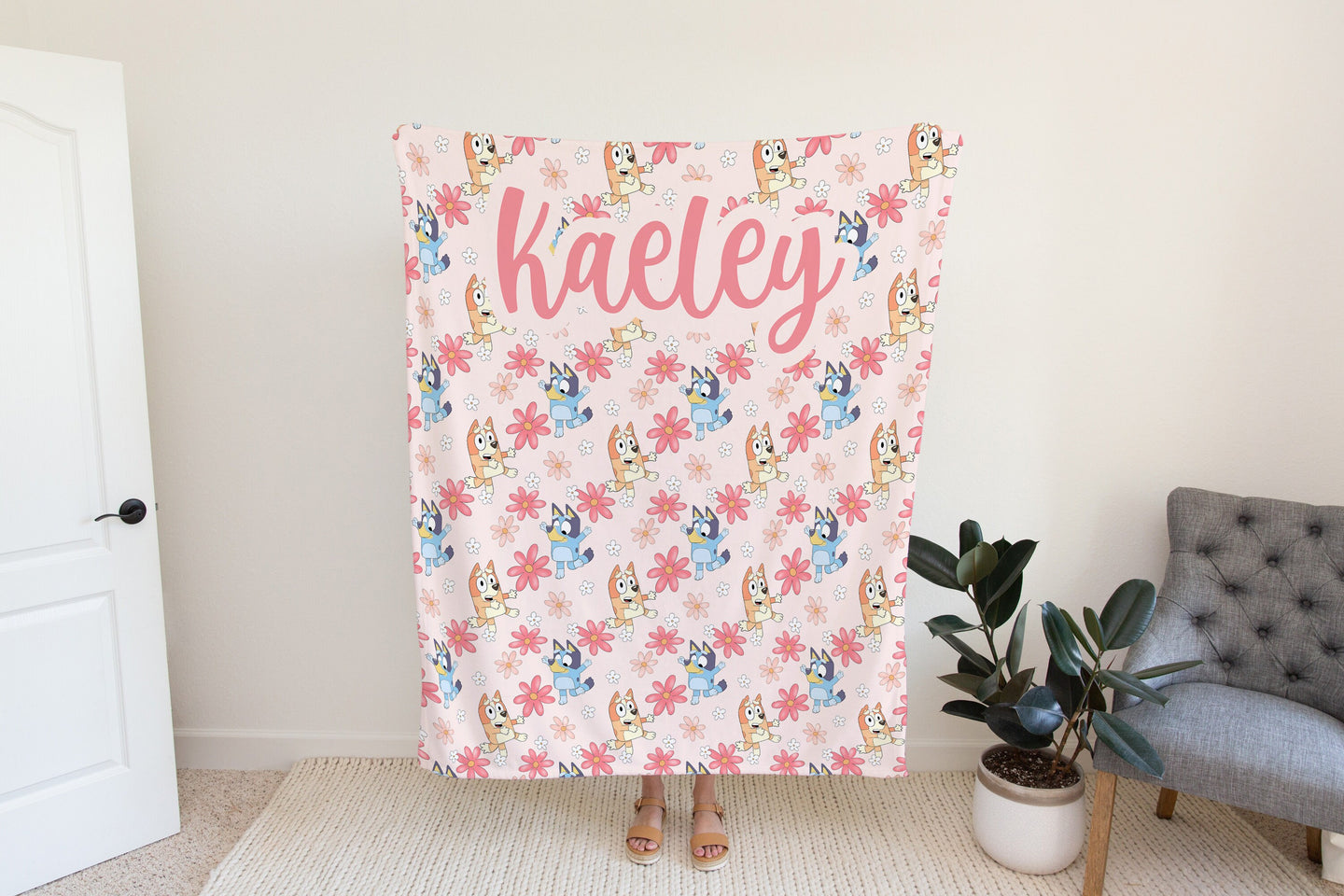 Personalized Bluey and Bingo Pink Floral Blanket