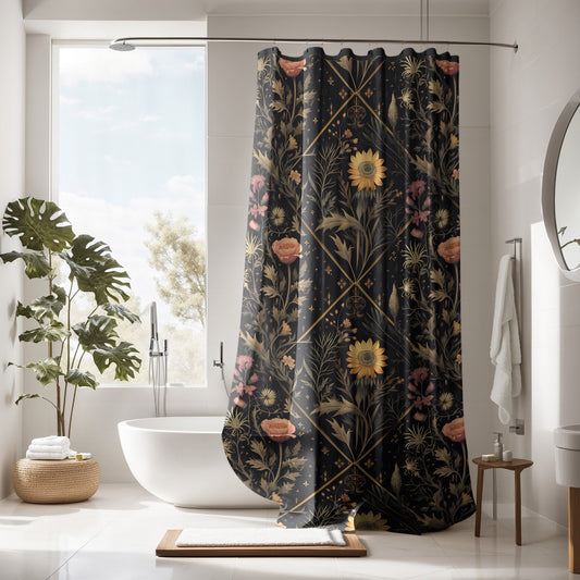 Moody Black Botanical Shower Curtain, Dark Academia Cottagecore, Vintage Apothecary Herbs & Plants Eclectic Maximalist Bathroom Decor