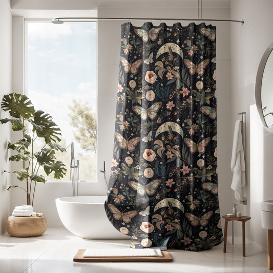 Moody Dark Academia Black Botanical Shower Curtain