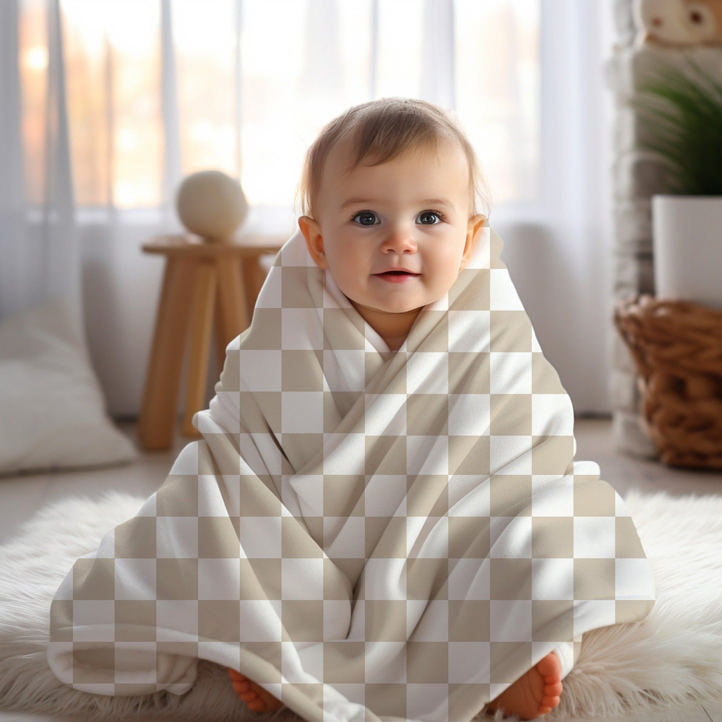 Personalized checkered vintage blanket with Name, Beige Custom blanket gift, Birthday Anniversary Gift, toddler kids blanket