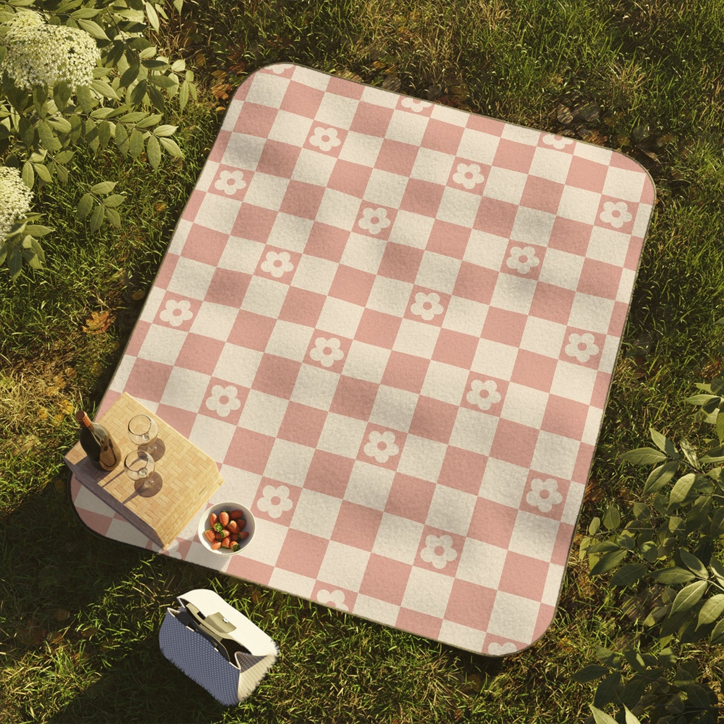 Personalized Blush Pink Checkered Picnic Blanket Waterproof