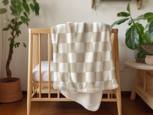 Personalized checkered vintage blanket with Name, Beige Custom blanket gift, Birthday Anniversary Gift, toddler kids blanket