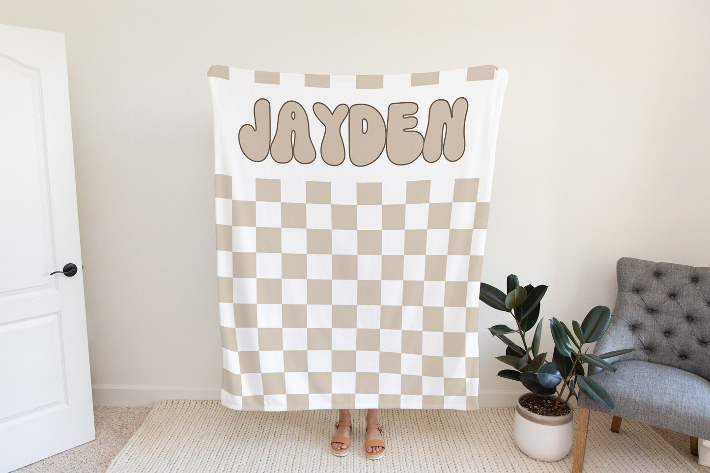Personalized checkered vintage blanket with Name, Beige Custom blanket gift, Birthday Anniversary Gift, toddler kids blanket