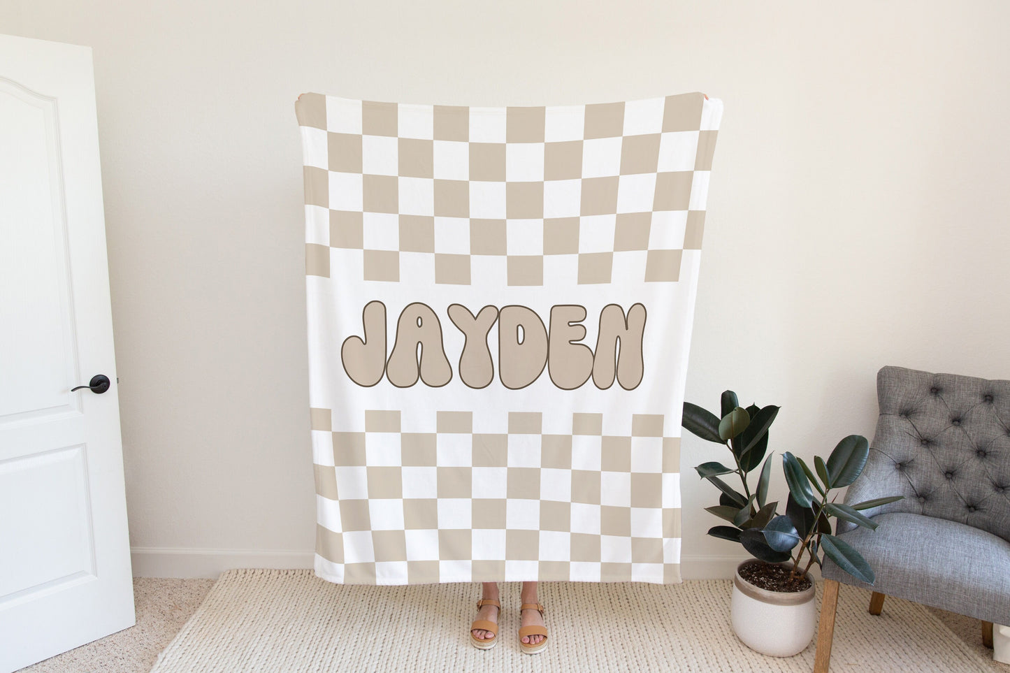 Personalized checkered vintage blanket with Name, Beige Custom blanket gift, Birthday Anniversary Gift, toddler kids blanket