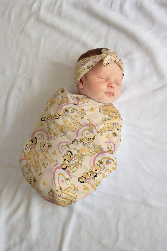 Personalized Lion King Swaddle and Bow / Hat Set for Newborn