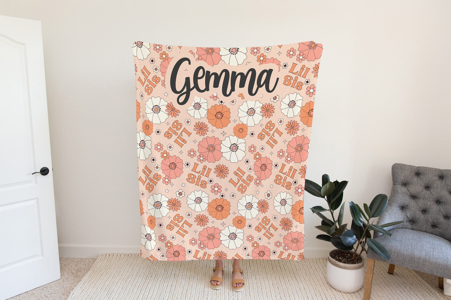 Lil Sis Orange Floral Blanket - PERSONALIZABLE