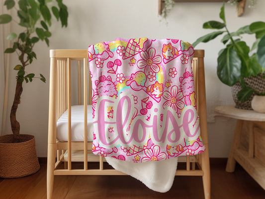 Pink blanket custom kids bedding colorful toddler blanket gift for daughter kidcore dopamine decor kawaii couch throw PERSONALIZED