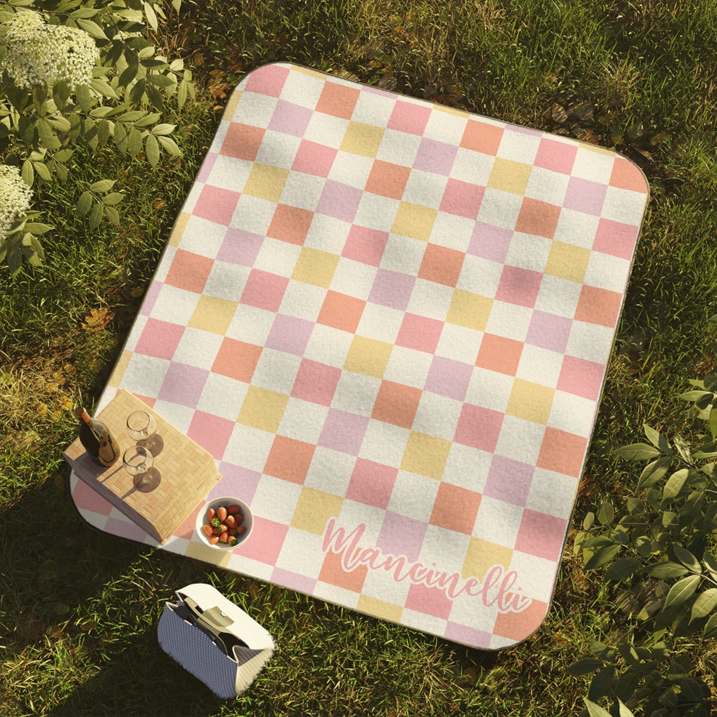 Personalized Pastel Checkered Picnic Blanket Waterproof