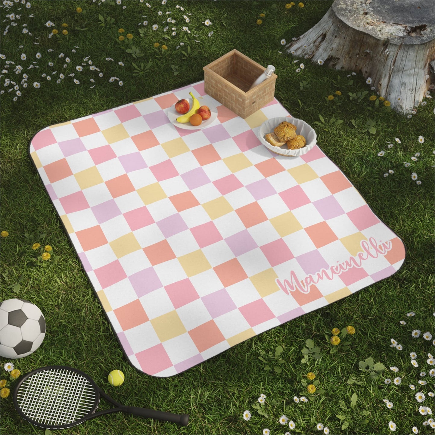 Personalized Pastel Checkered Picnic Blanket Waterproof