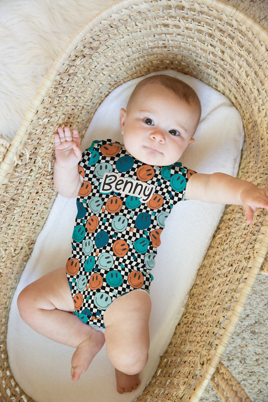 Personalized Baby Boy one piece, Blue checkered smiley face baby bodysuit, personalized baby bodysuit, organic cotton gift for baby shower