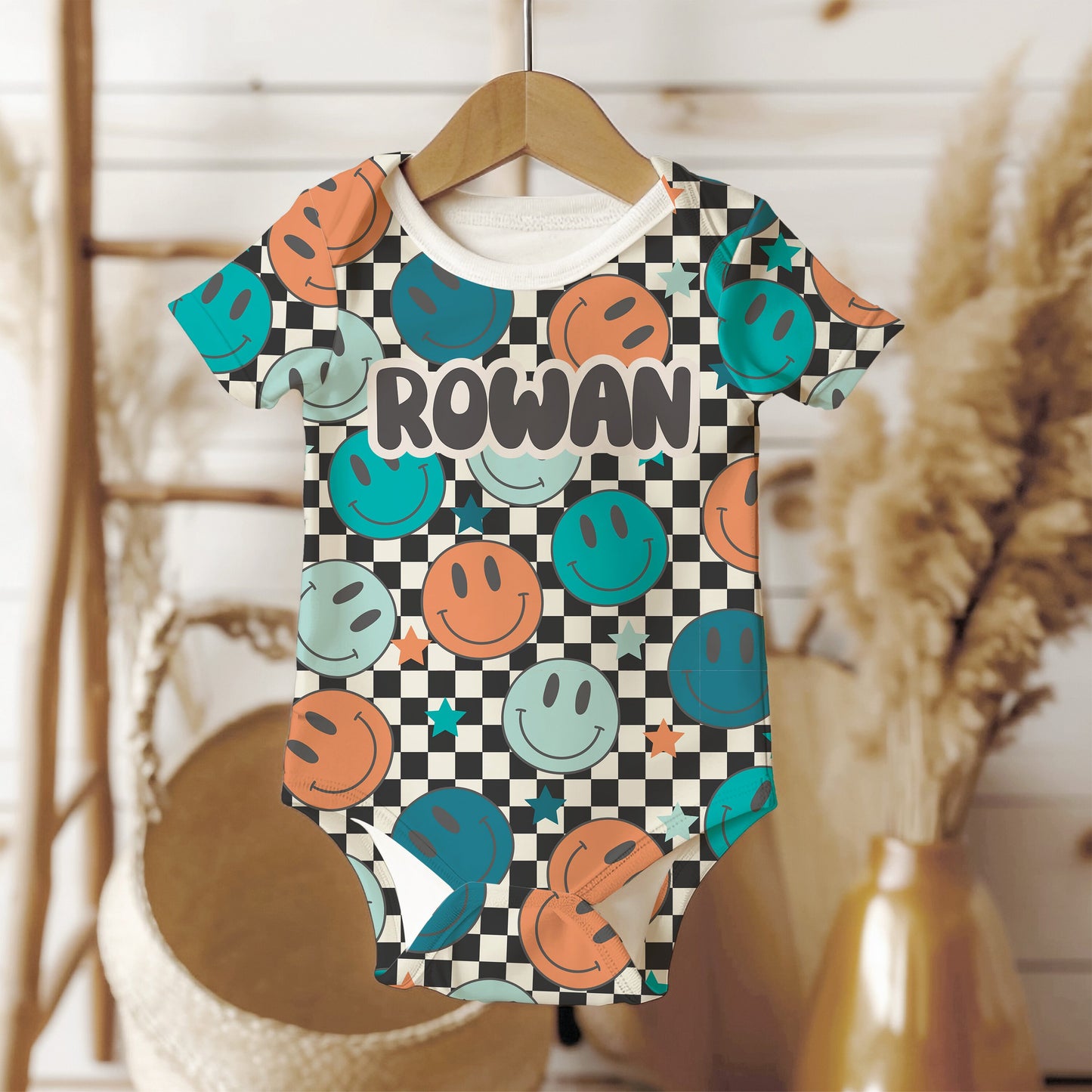 Personalized Baby Boy one piece, Blue checkered smiley face baby bodysuit, personalized baby bodysuit, organic cotton gift for baby shower