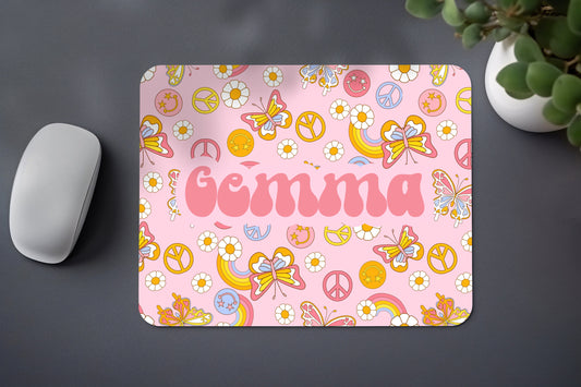 Personalized Groovy Floral smiley Mouse Pad, groovy butterfly Mouse Pad, personalized Teacher Gift, Office Supplies, Work From Home Gift