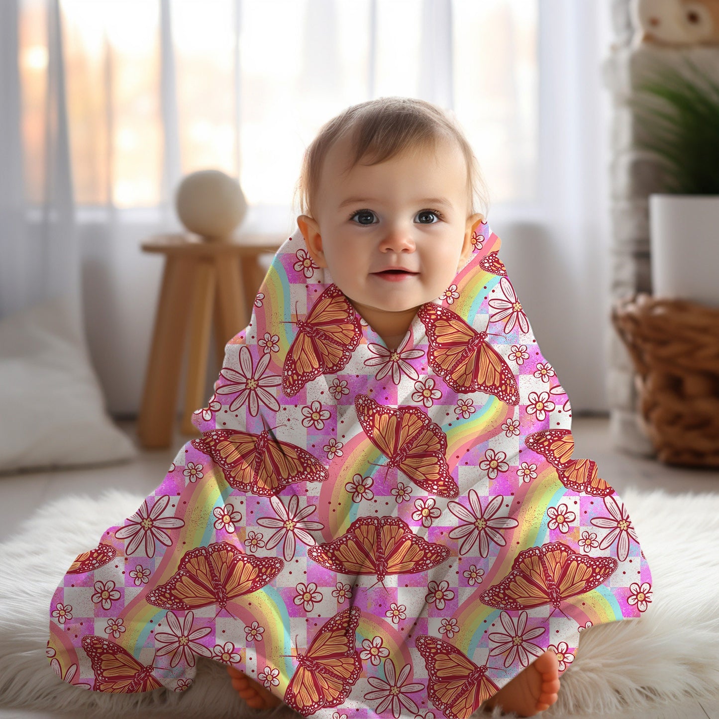 Personalized butterfly blanket with rainbows housewarming gift birthday gift for her toddler bedding kids bedroom decor