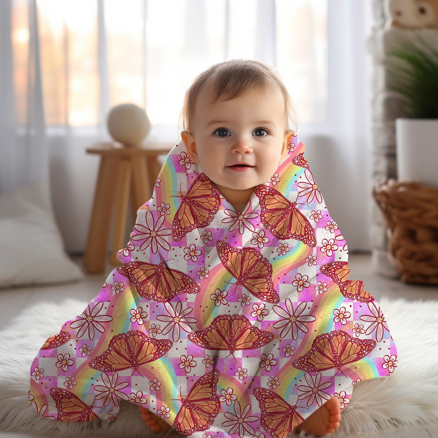 Personalized butterfly blanket with rainbows housewarming gift birthday gift for her toddler bedding kids bedroom decor
