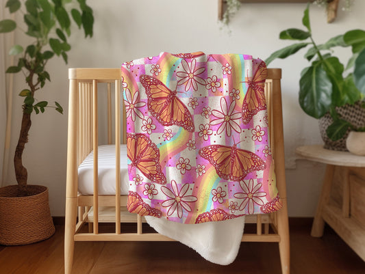 Personalized butterfly blanket with rainbows housewarming gift birthday gift for her toddler bedding kids bedroom decor