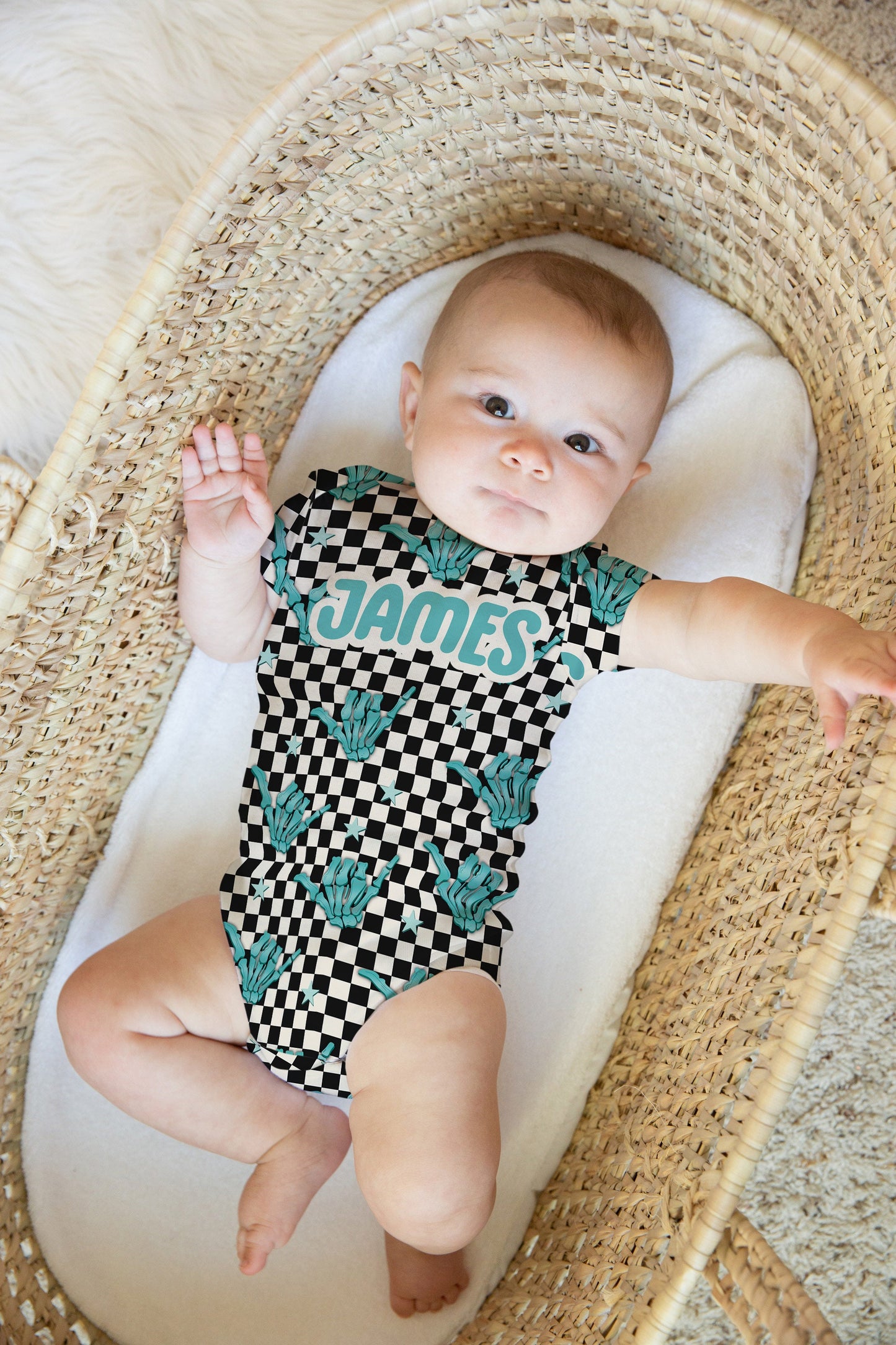 Personalized Baby Boy Onesie, Blue checkered skeleton onesie