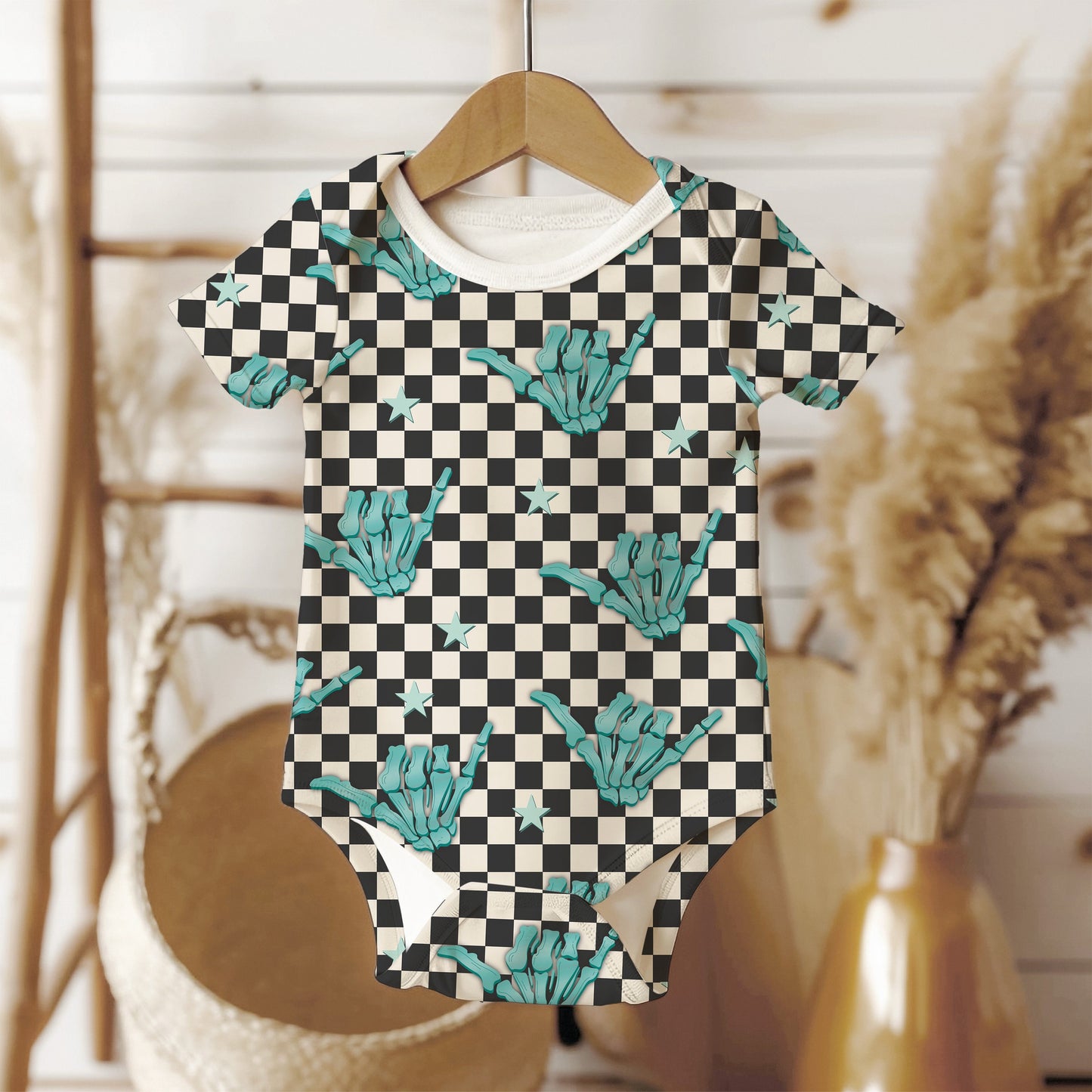 Personalized Baby Boy Onesie, Blue checkered skeleton onesie