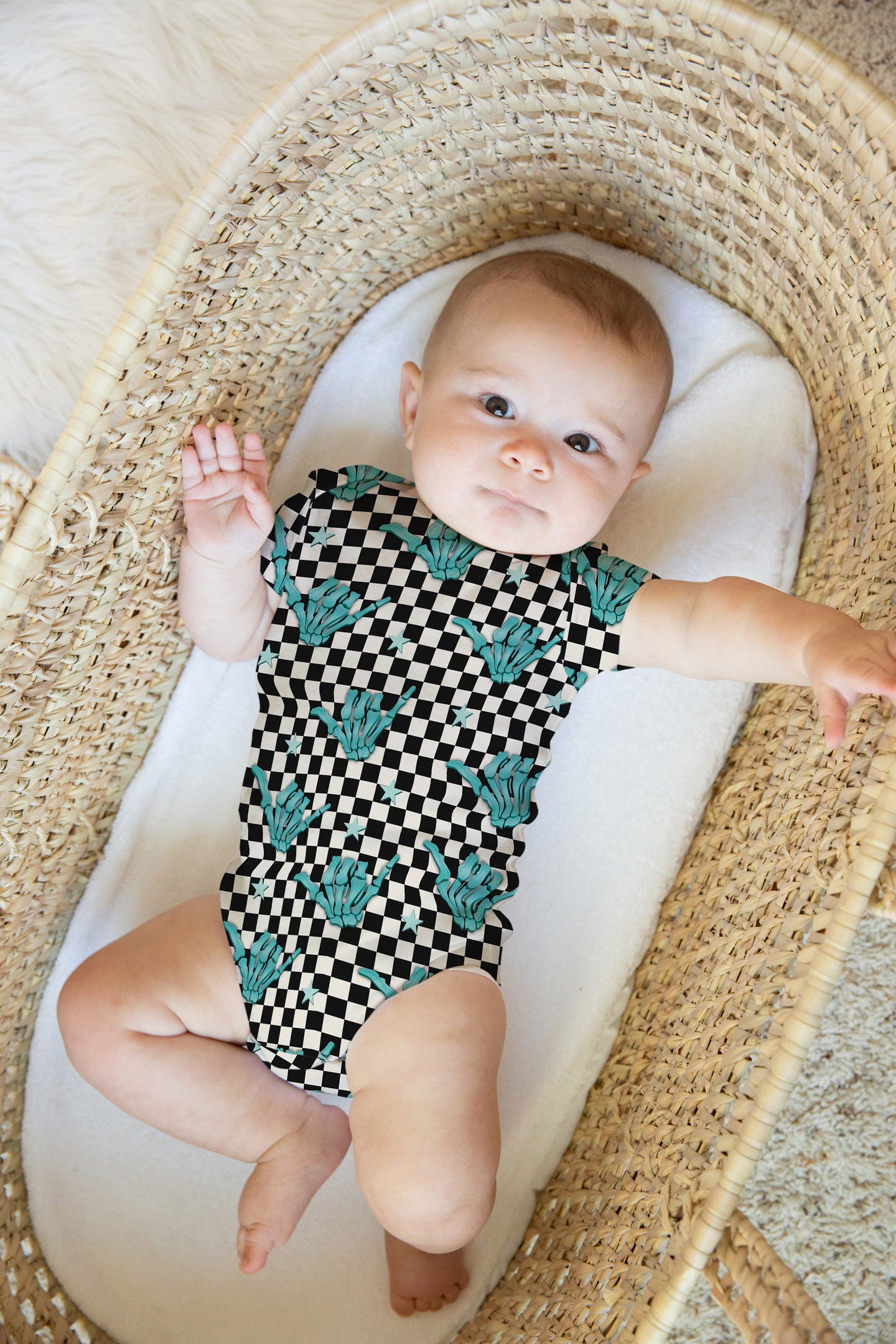 Personalized Baby Boy Onesie, Blue checkered skeleton onesie