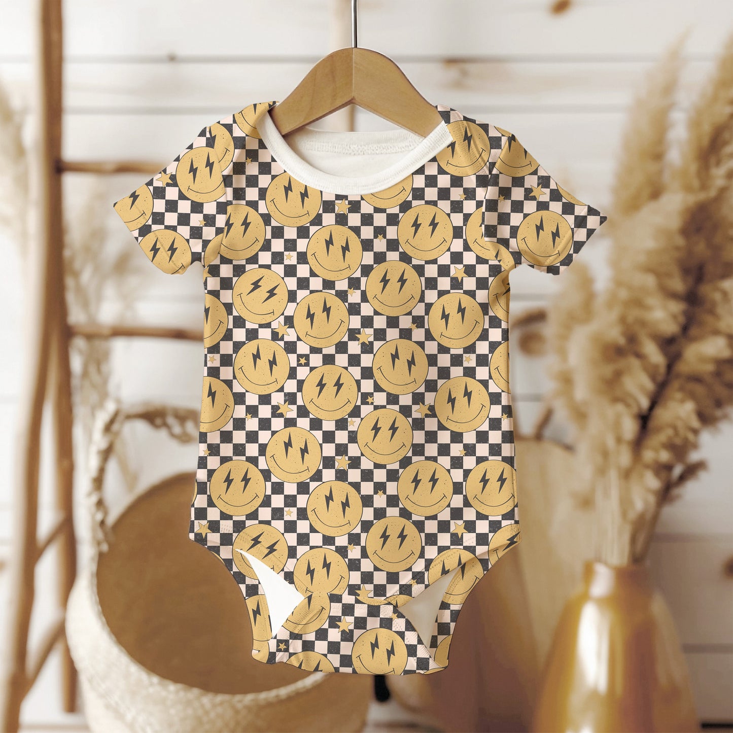 Personalized Baby Boy Onesie, yellow smiley face checkered baby onesie