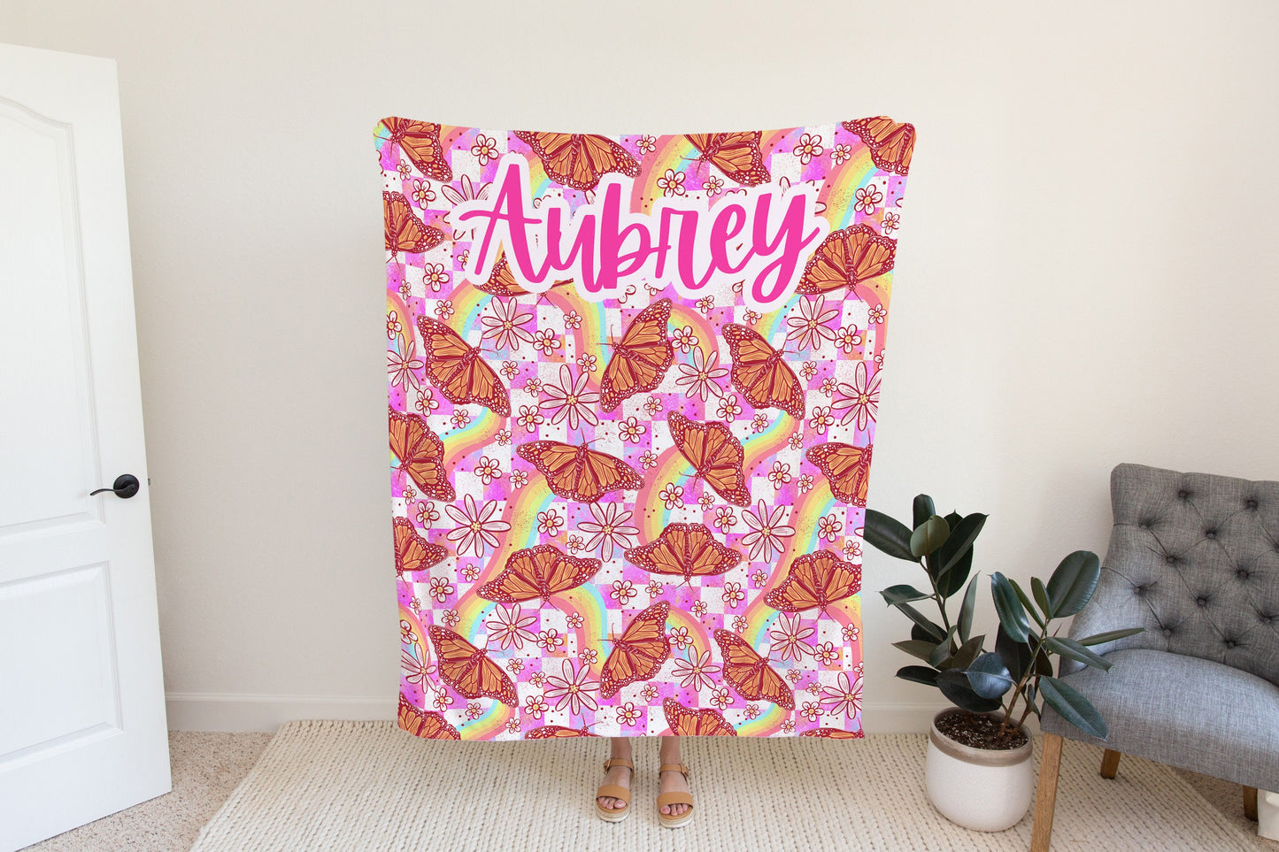 Personalized butterfly blanket with rainbows housewarming gift birthday gift for her toddler bedding kids bedroom decor