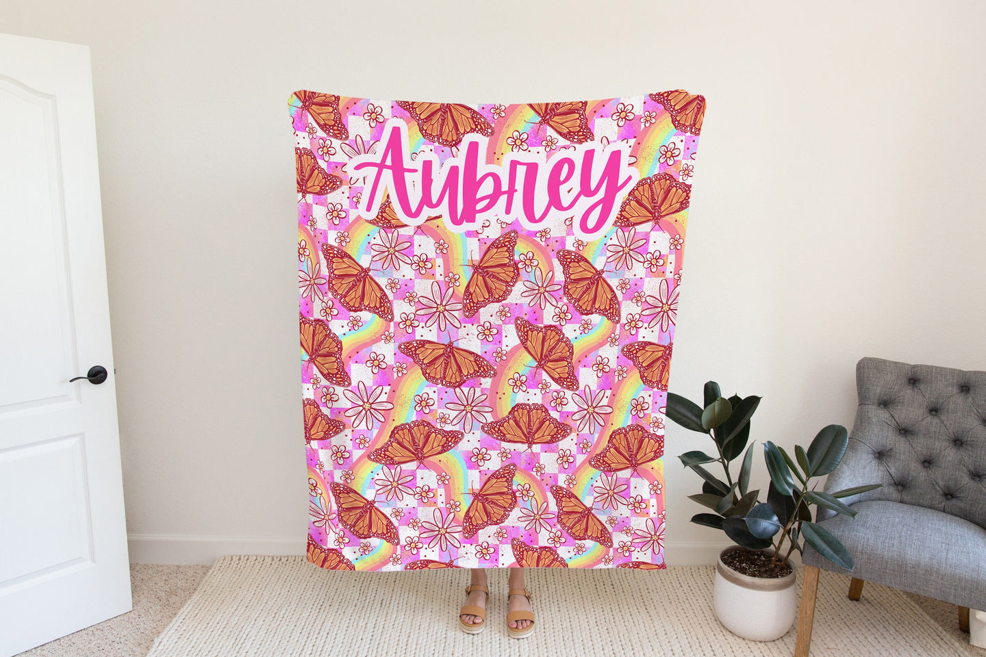 Personalized butterfly blanket with rainbows housewarming gift birthday gift for her toddler bedding kids bedroom decor