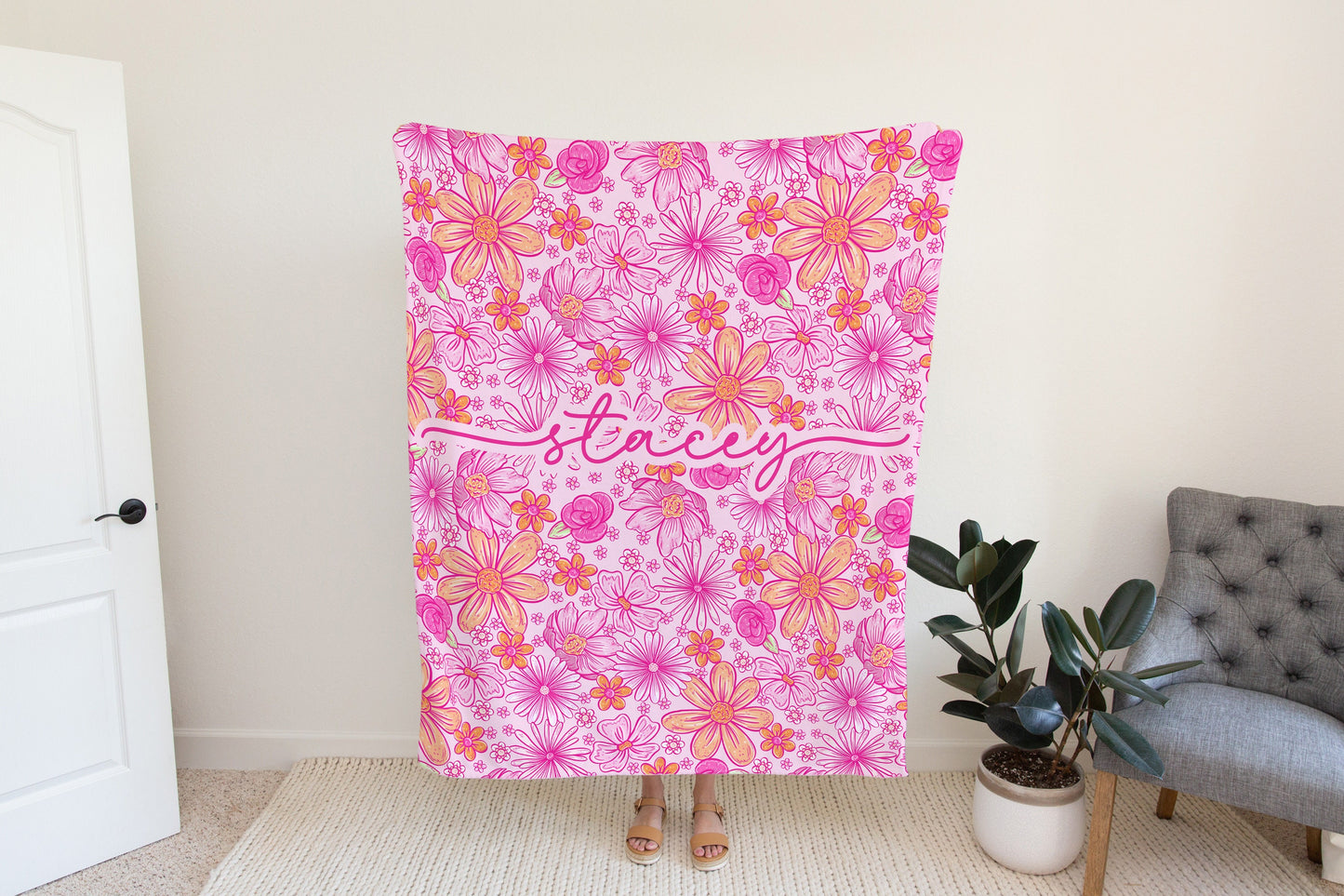 Personalized Pink Floral Blanket