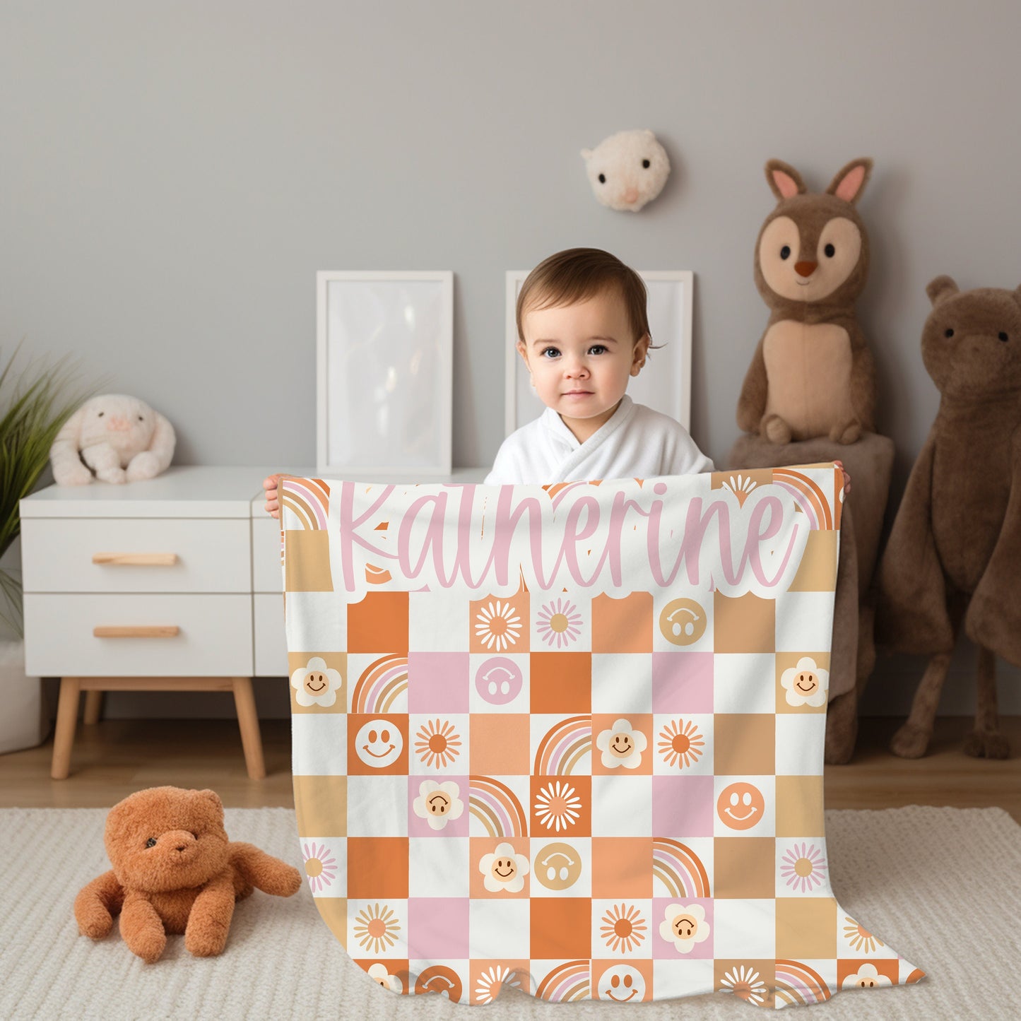Personalized Orange groovy checkered Blanket, orange checkerboard blanket, checkered blanket, checkered throw blanket couch
