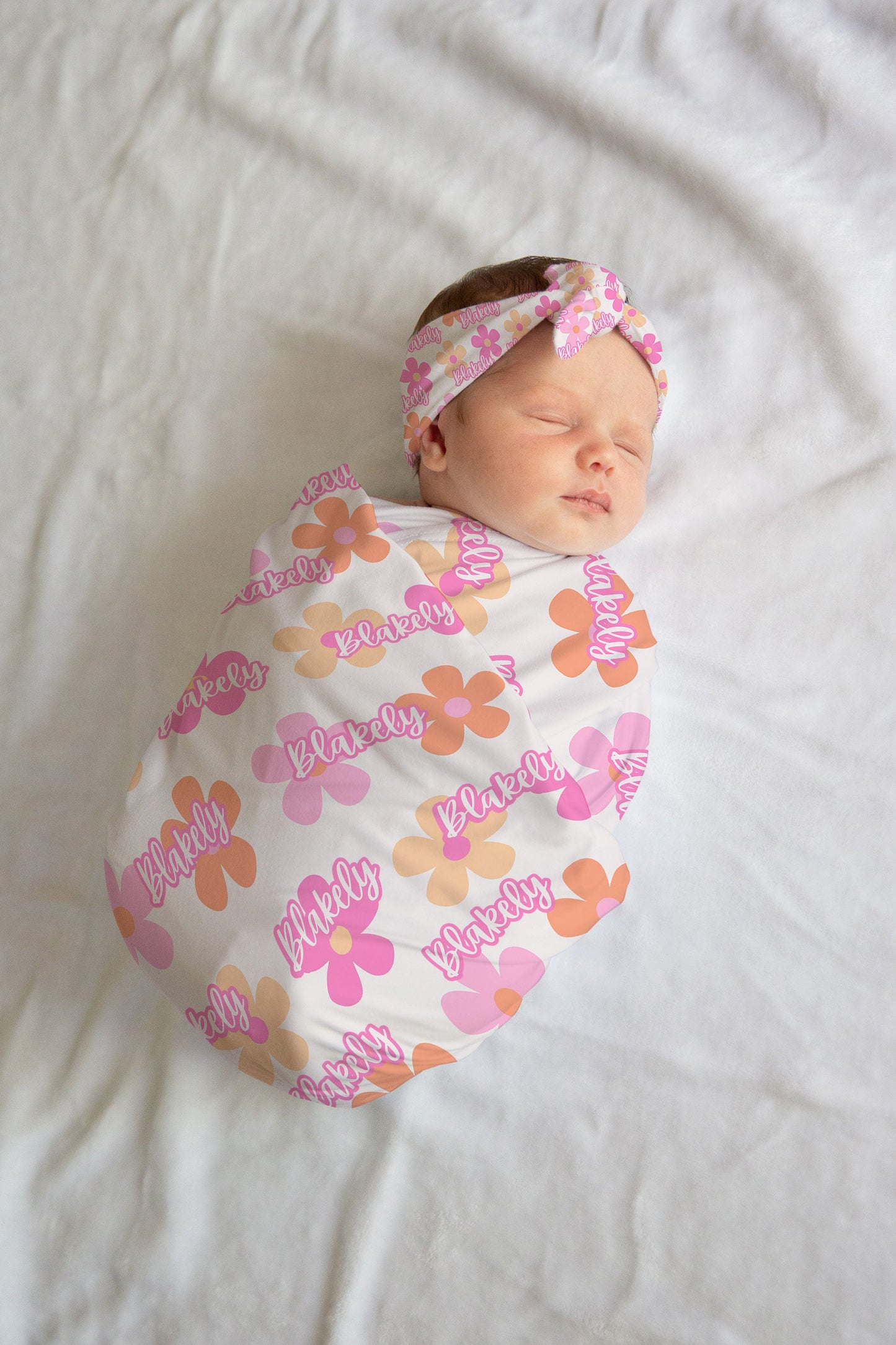 Personalized Pink Floral Swaddle Hat Set Bow