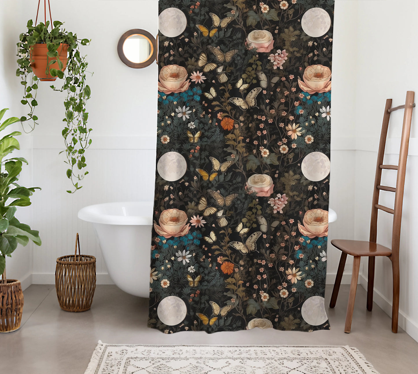 Dark Cottagecore Black Botanical Shower Curtain