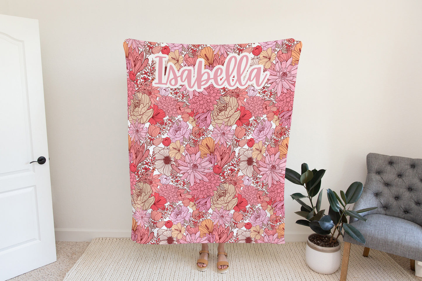 Personalized Pink Floral Blanket