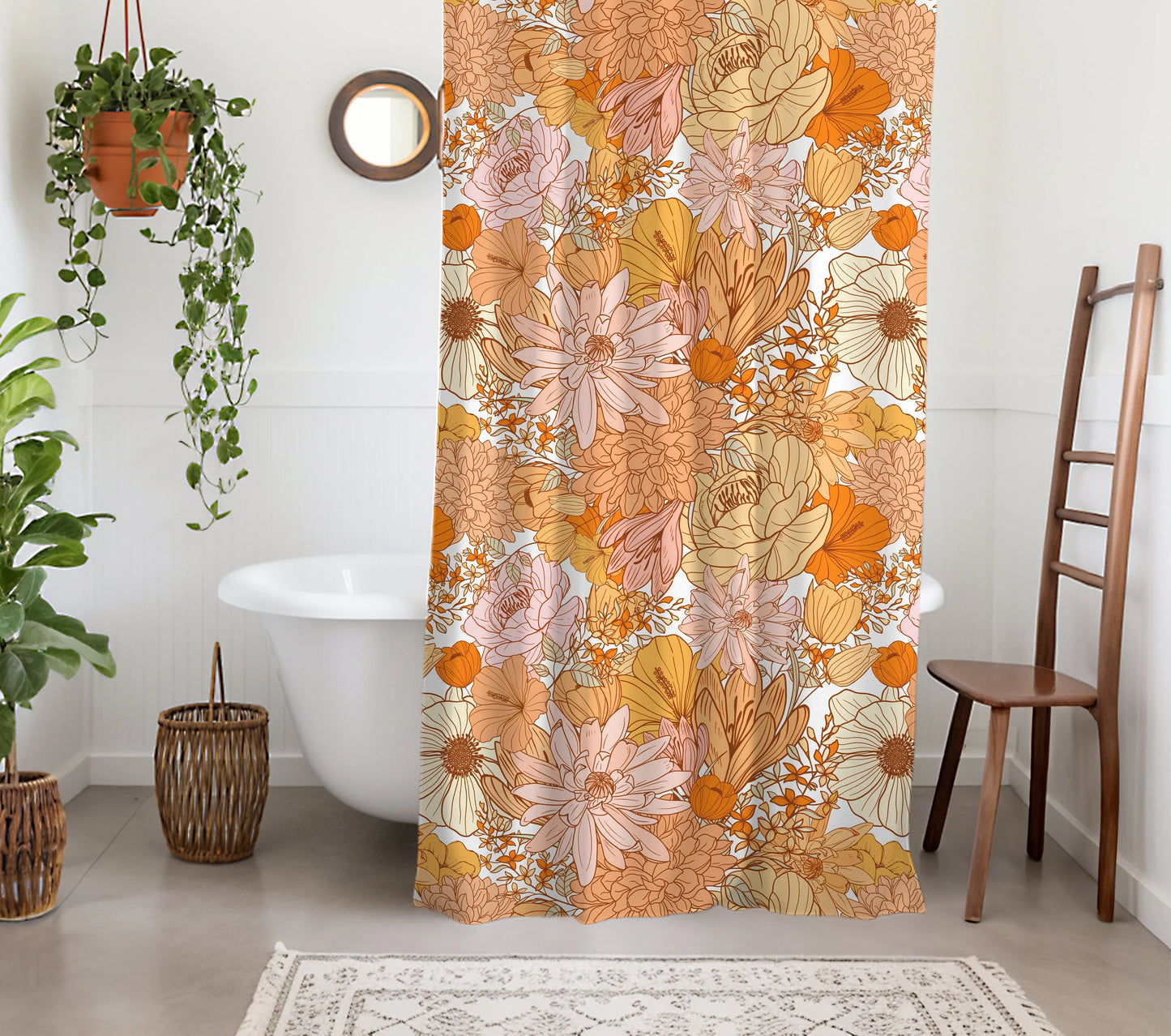 Personalized Orange Boho Floral Shower Curtain