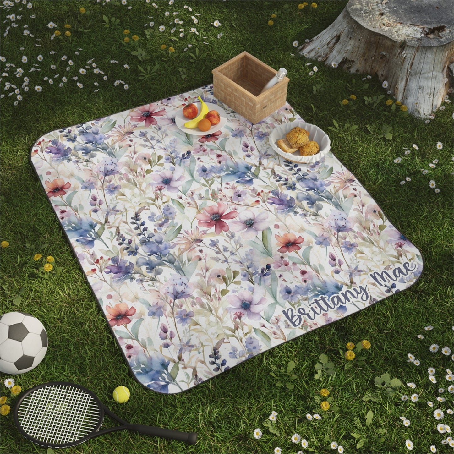 Personalized Blue Floral Summer Picnic Blanket (Waterproof)