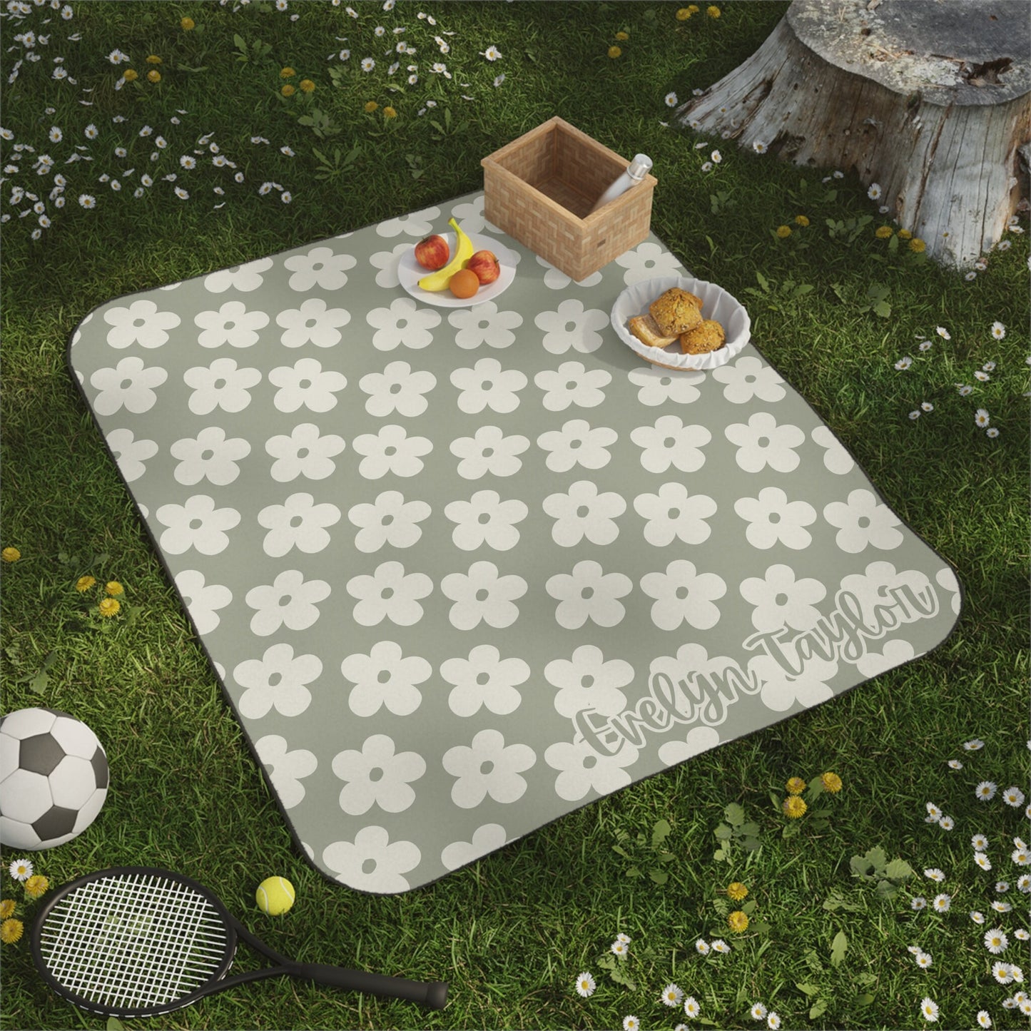 Personalized Retro Green Floral Picnic Blanket Waterproof