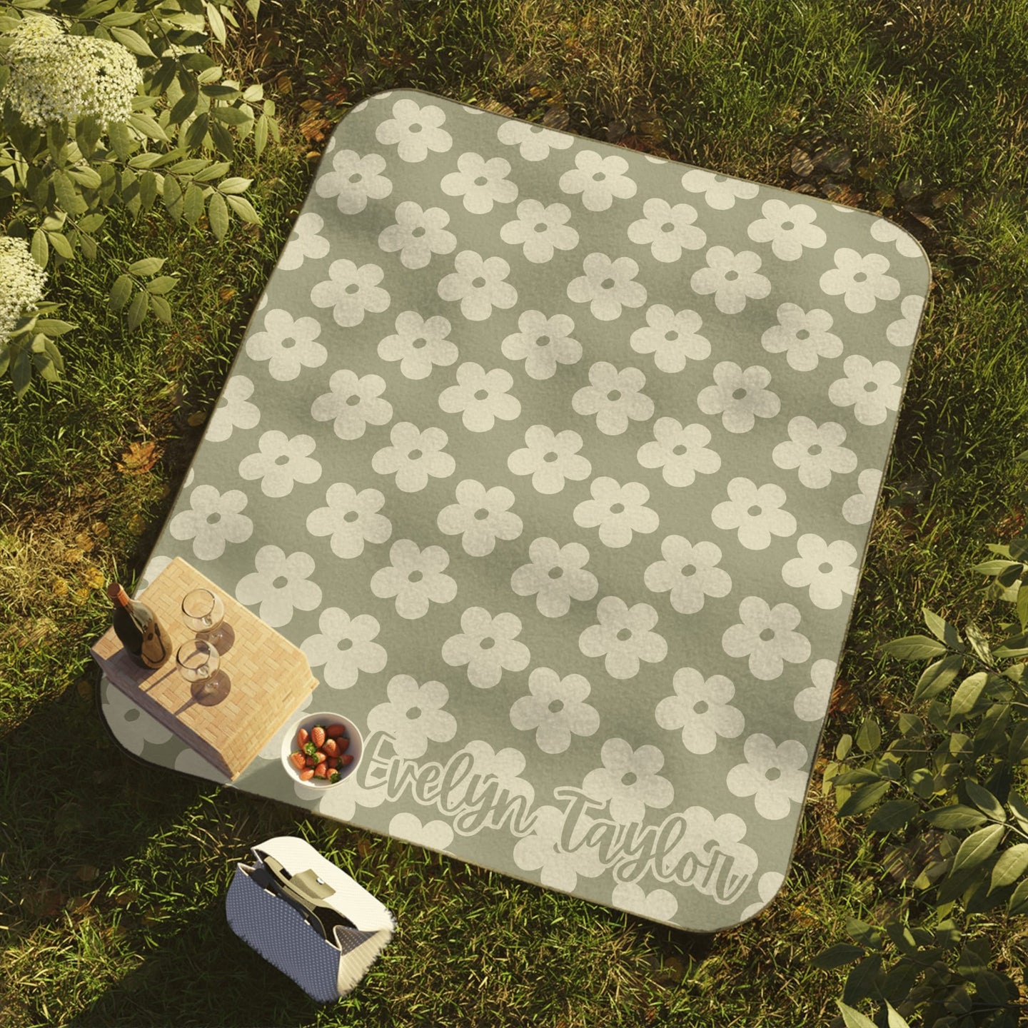 Personalized Retro Green Floral Picnic Blanket Waterproof