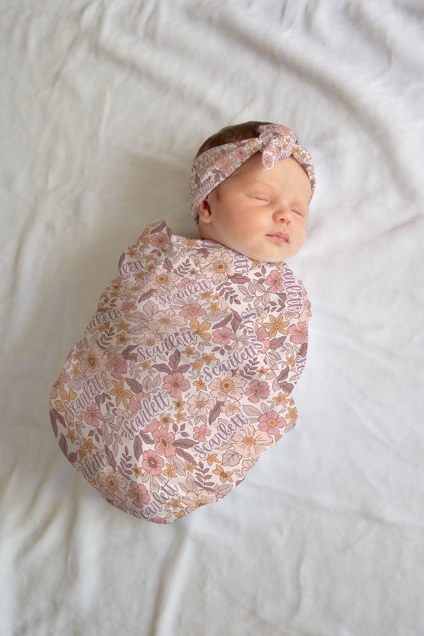 Personalized Swaddle Hat Set Bow Boho Floral Baby Blanket