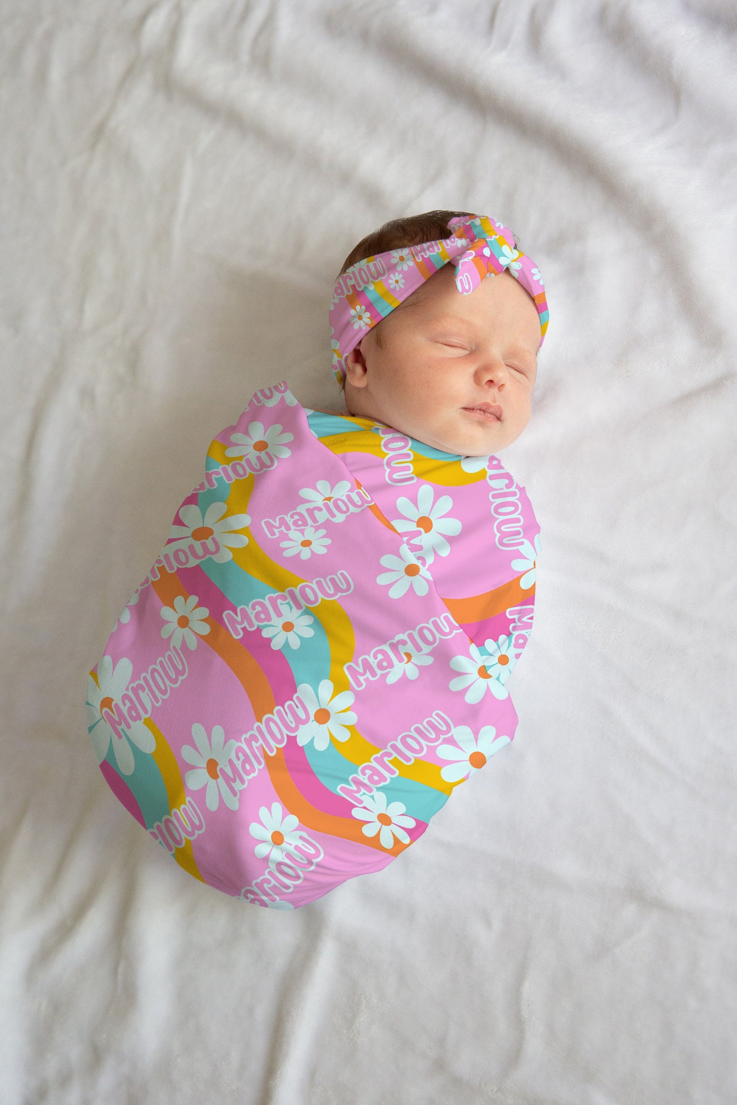 Personalized Groovy Floral Swaddle Bow or Hat Set