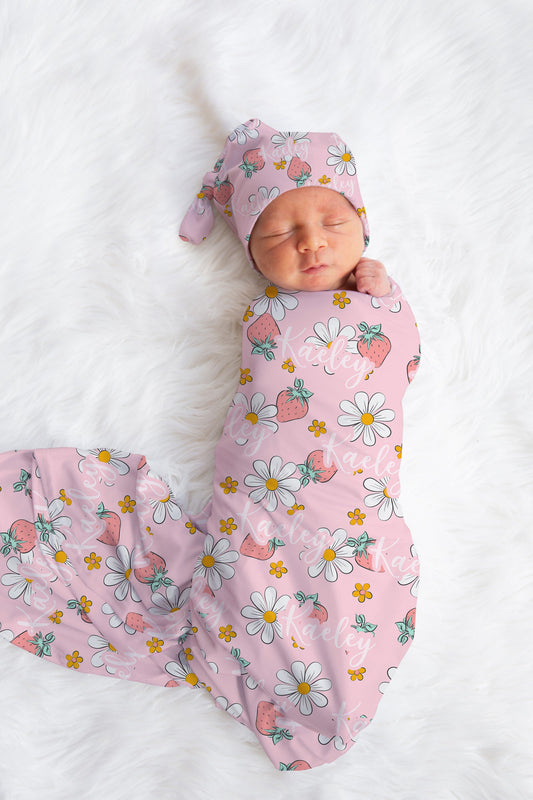 Personalized Strawberry Pink Baby Swaddle Set for newborn