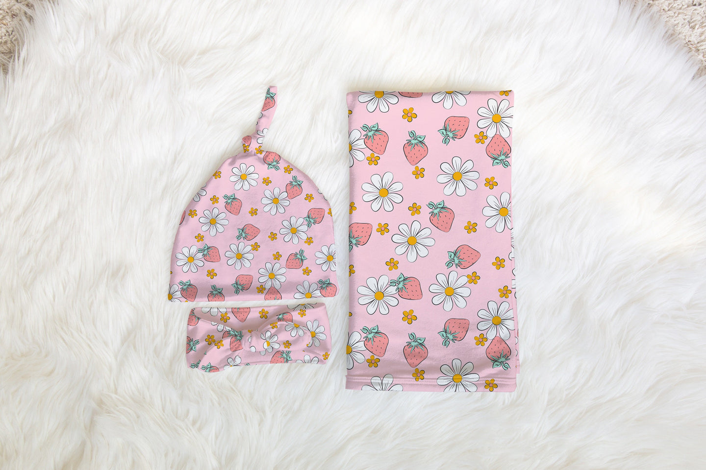 Personalized Strawberry Pink Baby Swaddle Set for newborn