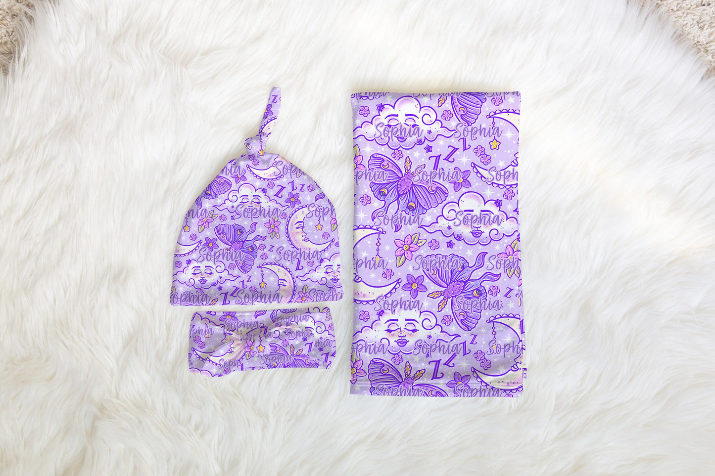 Personalized Purple Swaddle Set Bow Hat Baby Blanket