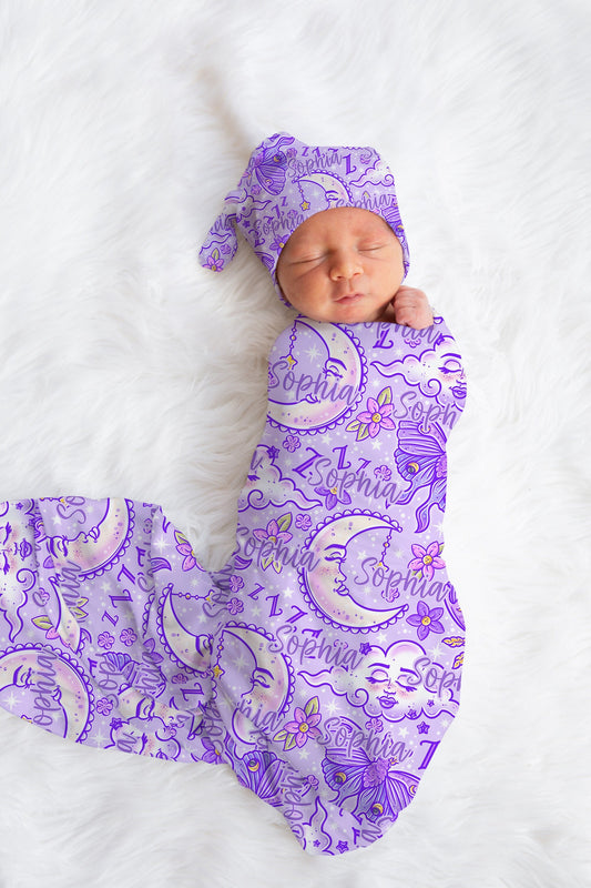 Personalized Purple Swaddle Set Bow Hat Baby Blanket