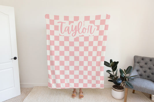 Personalized Pink and White Checkered Blanket