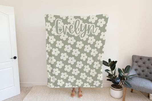 Sage Green Retro Floral Blanket