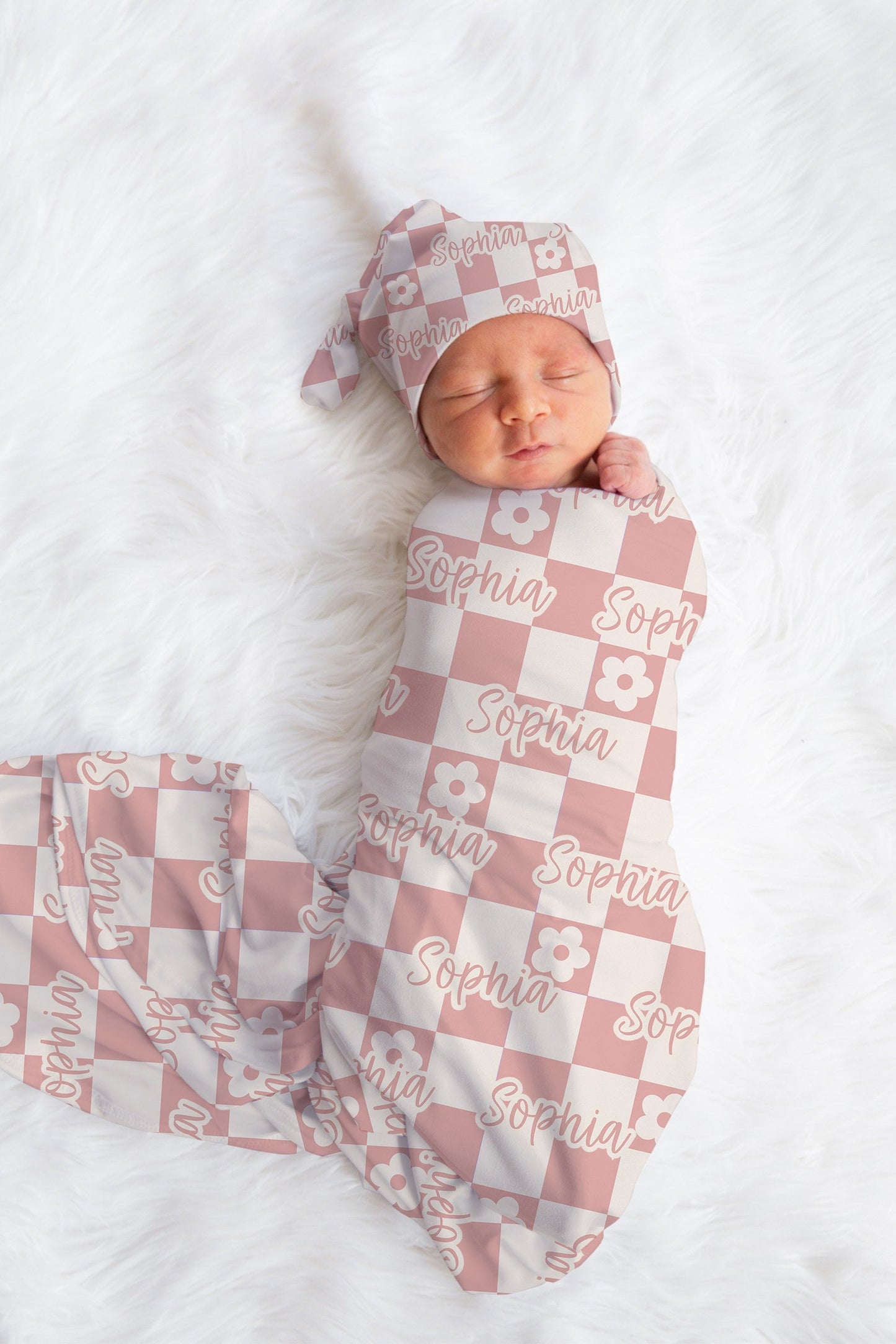 Personalized Swaddle Set Pink Checkered Hat and Bow