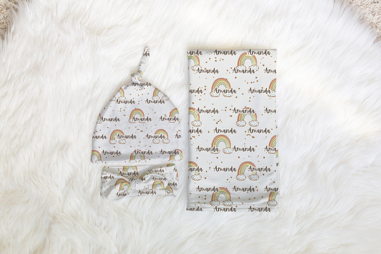 Personalized Swaddle Hat Set Rainbow Baby Blanket