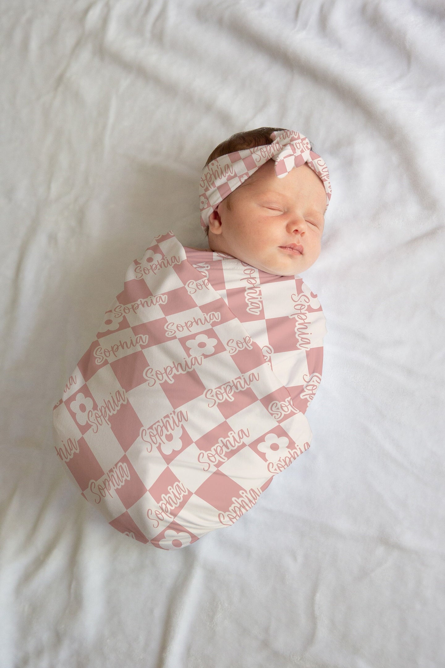 Personalized Swaddle Set Pink Checkered Hat and Bow