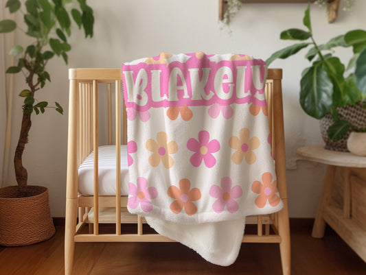 Personalized floral Blanket pink, groovy floral blanket, pink floral blanket, pastel floral blanket, toddler blanket, groovy home decor