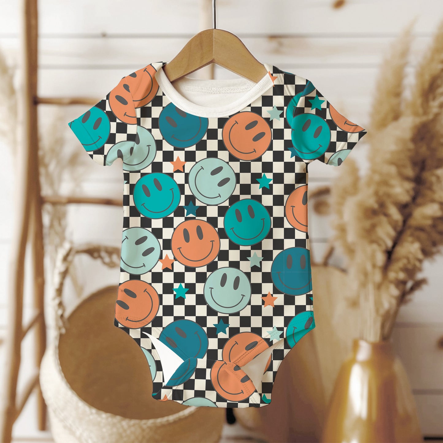 Personalized Baby Boy one piece, Blue checkered smiley face baby bodysuit, personalized baby bodysuit, organic cotton gift for baby shower