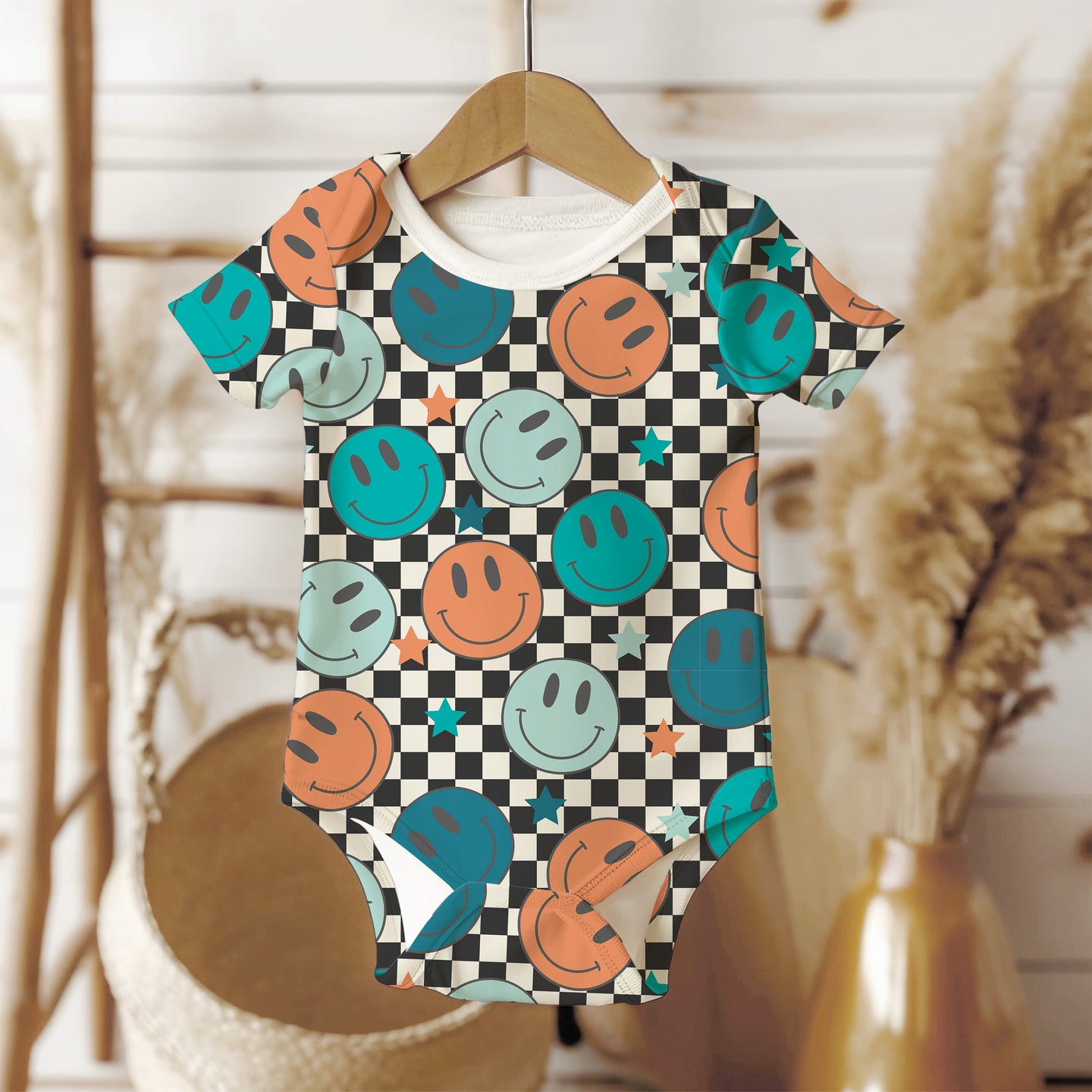 Personalized Baby Boy one piece, Blue checkered smiley face baby bodysuit, personalized baby bodysuit, organic cotton gift for baby shower