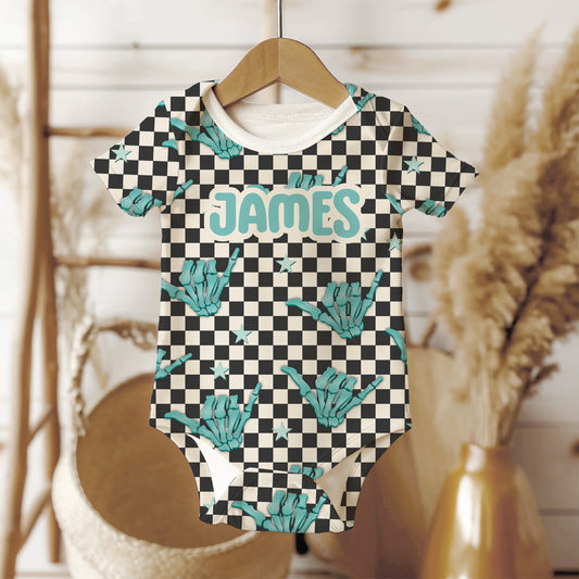 Personalized Baby Boy Onesie, Blue checkered skeleton onesie