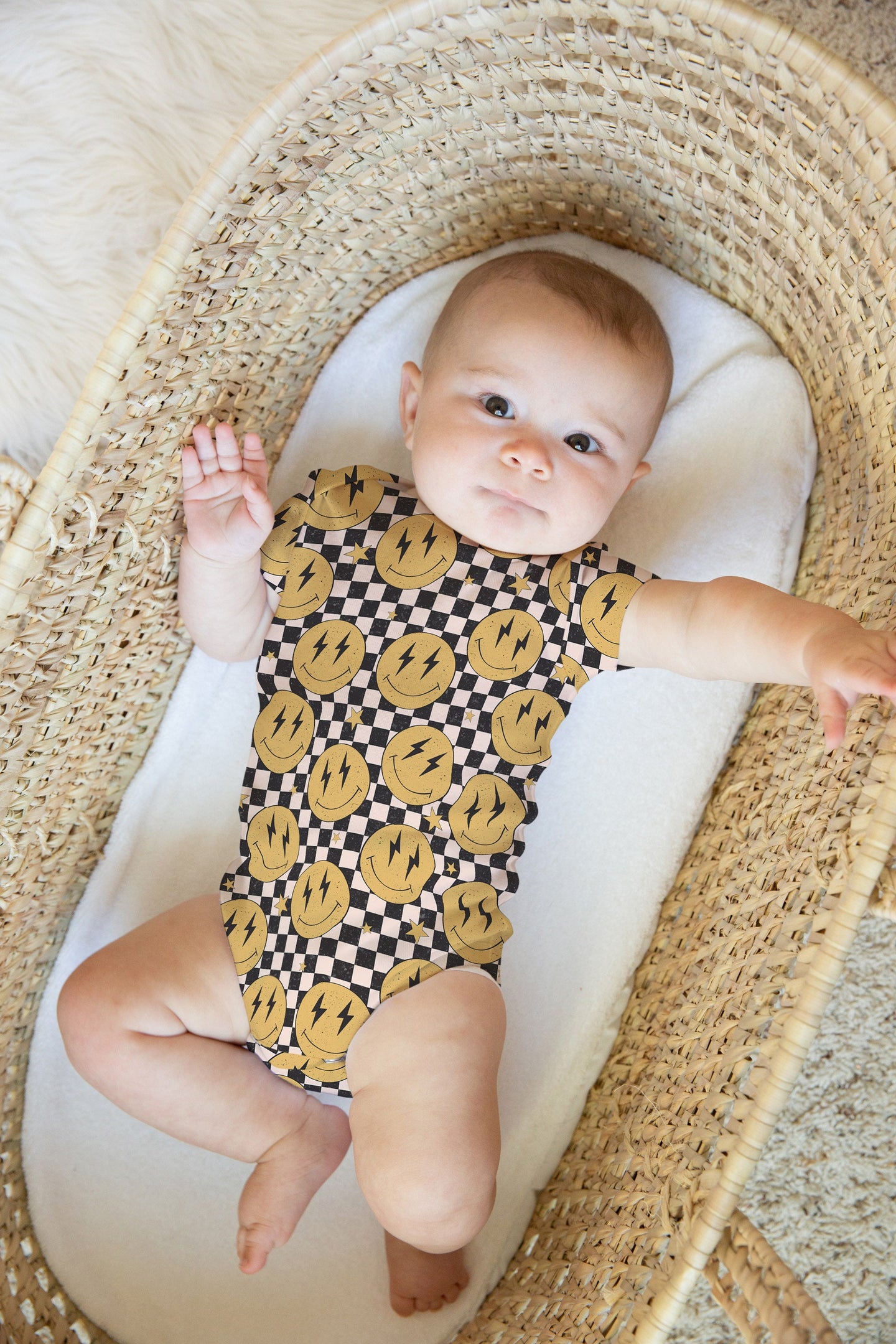 Personalized Baby Boy Onesie, yellow smiley face checkered baby onesie